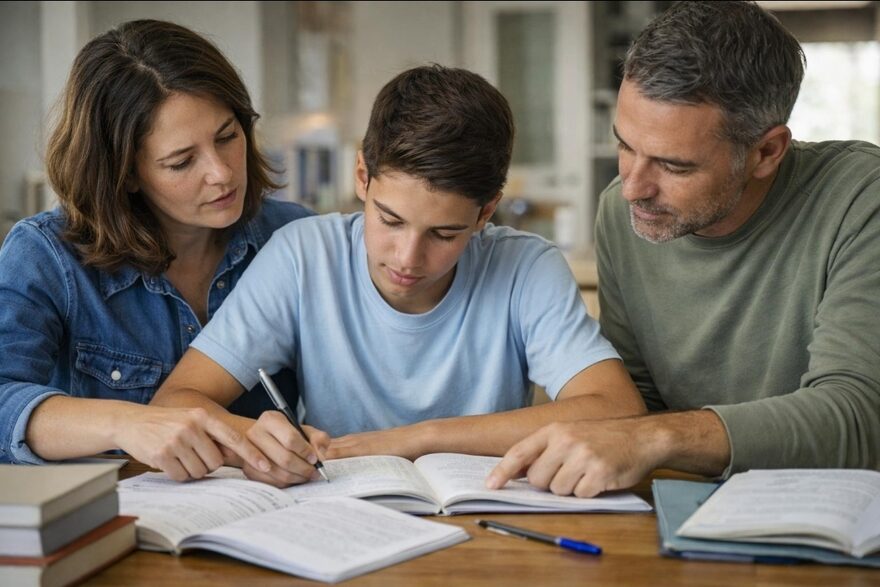 Parents sit with their teen, supporting the learning journey together.