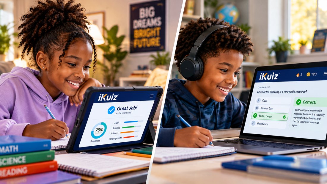 A young learner practices on iKuiz and sees a Great Job readiness result.